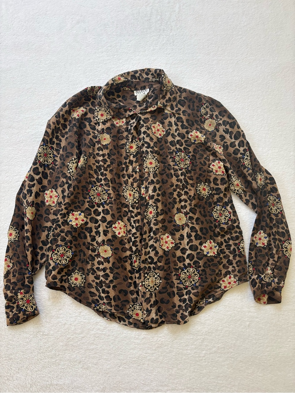 100% Silk Leopard Print Button-Up Blouse with Floral Medallions - Brown